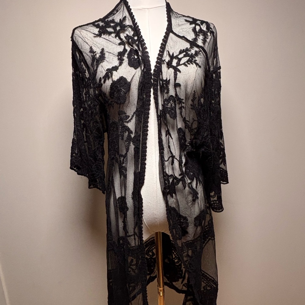 Vince Camuto Black Sheer Kimono Lace Duster Boho One Size Cover-Up Wrap